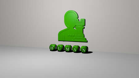 3D graphical image of HUMAN vertically along with text built by metallic cubic letters from the top...