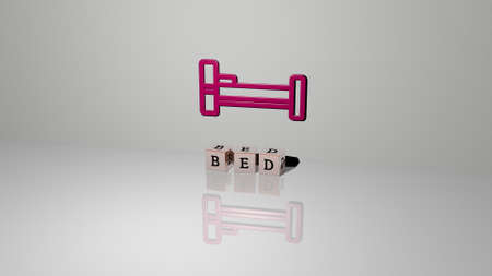 3D representation of BED with icon on the wall and text arranged by metallic cubic letters on a...