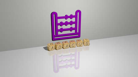 3D representation of abacus with icon on the wall and text arranged by metallic cubic letters on a...