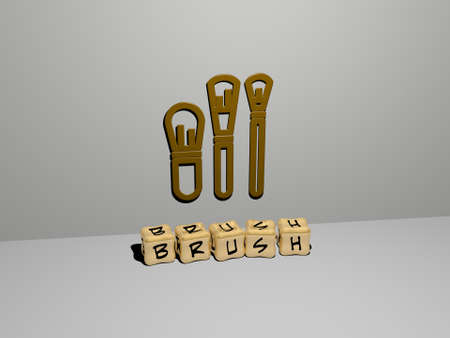 3D representation of BRUSH with icon on the wall and text arranged by metallic cubic letters on a...