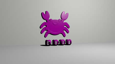 3D graphical image of CRAB vertically along with text built by metallic cubic letters from the top...