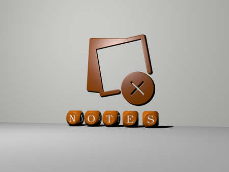 3D representation of notes with icon on the wall and text arranged by metallic cubic letters on a mirror floor for concept meaning and slideshow presentation. background and illustrationの写真素材