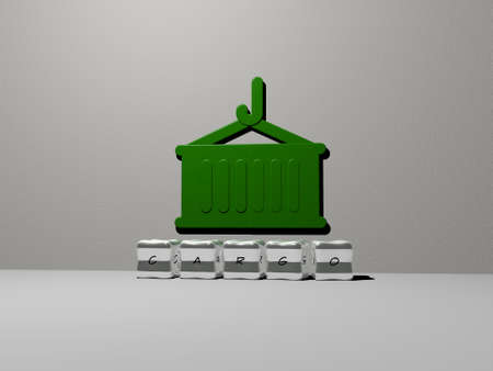 3D representation of CARGO with icon on the wall and text arranged by metallic cubic letters on a...