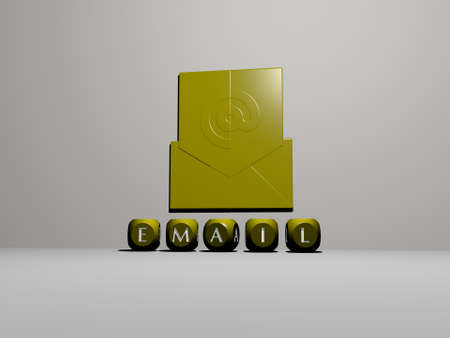 3D representation of EMAIL with icon on the wall and text arranged by metallic cubic letters on a...