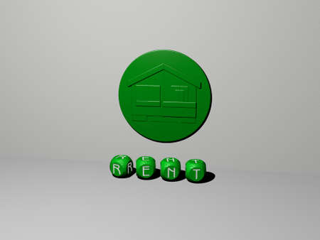 3D representation of RENT with icon on the wall and text arranged by metallic cubic letters on a...