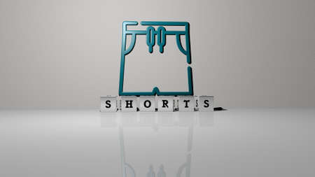 3D representation of SHORTS with icon on the wall and text arranged by metallic cubic letters on a...