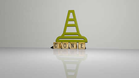 3D graphical image of CONE vertically along with text built by metallic cubic letters from the top...