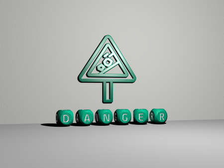 3D graphical image of DANGER vertically along with text built by metallic cubic letters from the top perspective, excellent for the concept presentation and slideshows. illustration and backgroundの写真素材