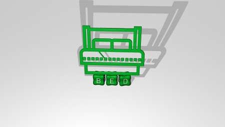 3D representation of BED with icon on the wall and text arranged by metallic cubic letters on a mirror floor for concept meaning and slideshow presentation. bedroom and beautifulの写真素材