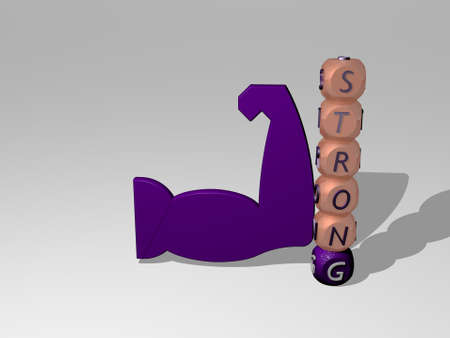 3D graphical image of STRONG vertically along with text built around the icon by metallic cubic...