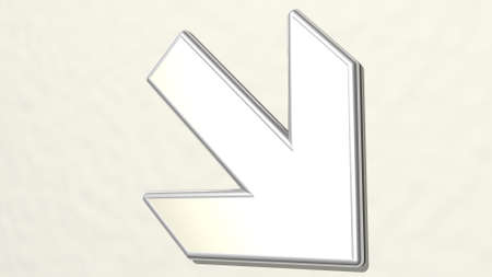 arrow down on the wall. 3D illustration of metallic sculpture over a white background with mild...