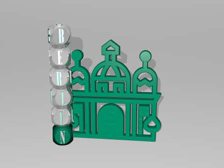 3D graphical image of BERLIN vertically along with text built around the icon by metallic cubic letters from the top perspective. excellent for the concept presentation and slideshows. germany andの写真素材