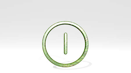 POWER BUTTON made by 3D illustration of a shiny metallic sculpture casting shadow on light background. energy and conceptの写真素材