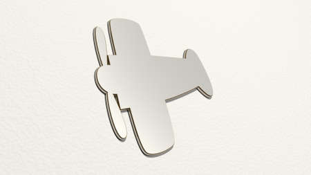 old air plane made by 3D illustration of a shiny metallic sculpture on a wall with light background....