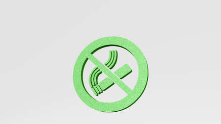 SMOKING PROHIBITED made by 3D illustration of a shiny metallic sculpture on a wall with light background. cigarette and conceptの写真素材