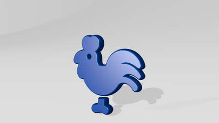 rooster stand with shadow. 3D illustration of metallic sculpture over a white background with mild texture. chicken and animalの写真素材