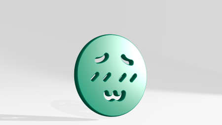 SMILEY BLUSHING from a perspective with the shadow. A thick sculpture made of metallic materials of 3D rendering. illustration and faceの写真素材