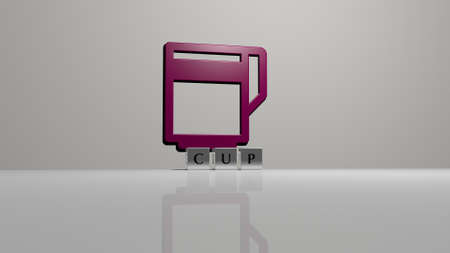 3D representation of CUP with icon on the wall and text arranged by metallic cubic letters on a...