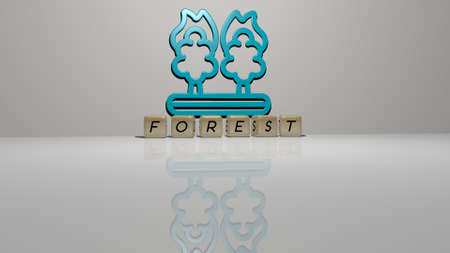 3D graphical image of FOREST vertically along with text built by metallic cubic letters from the top...