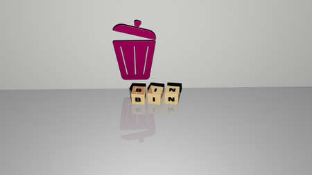 3D representation of BIN with icon on the wall and text arranged by metallic cubic letters on a mirror floor for concept meaning and slideshow presentation. illustration and garbageの写真素材