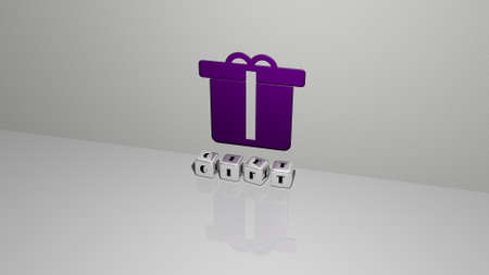 3D representation of GIFT with icon on the wall and text arranged by metallic cubic letters on a mirror floor for concept meaning and slideshow presentation. background and illustrationの写真素材
