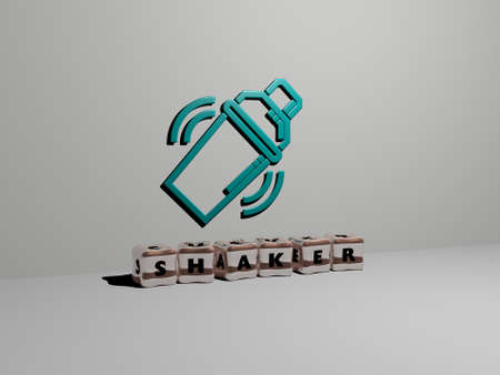 3D graphical image of SHAKER vertically along with text built by metallic cubic letters from the top...