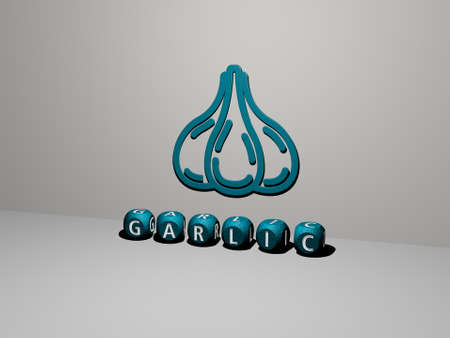 3D graphical image of GARLIC vertically along with text built by metallic cubic letters from the top...