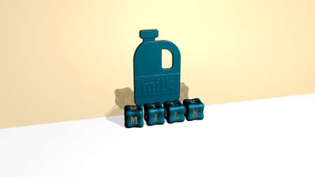 3D graphical image of milk vertically along with text built by metallic cubic letters from the top perspective, excellent for the concept presentation and slideshows. background and illustrationの写真素材