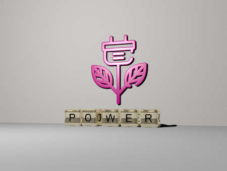 3D representation of POWER with icon on the wall and text arranged by metallic cubic letters on a...
