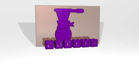 3D illustration of coffee graphics and text made by metallic dice letters for the related meanings...