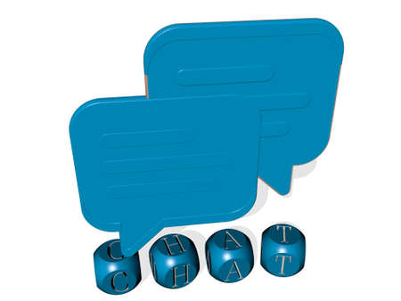 3D representation of CHAT with icon on the wall and text arranged by metallic cubic letters on a...