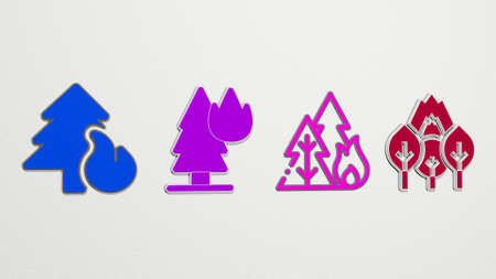 forest-fire on the wall. 3D illustration of metallic sculpture over a white background with mild...