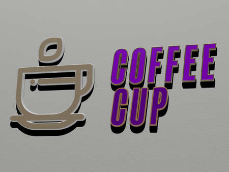 3D graphical image of coffee cup vertically along with text built by metallic cubic letters from the...