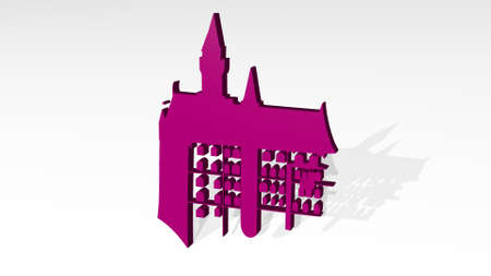 CASTLE made by 3D illustration of a shiny metallic sculpture with the shadow on light background. architecture and buildingの写真素材