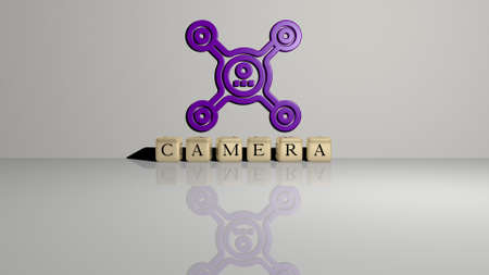 3D illustration of camera graphics and text made by metallic dice letters for the related meanings...