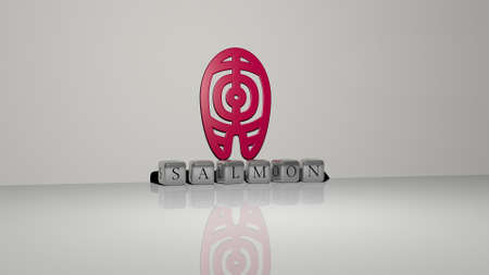 3D illustration of salmon graphics and text made by metallic dice letters for the related meanings...