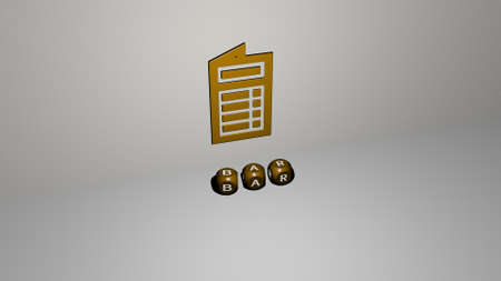 3D representation of bar with icon on the wall and text arranged by metallic cubic letters on a mirror floor for concept meaning and slideshow presentation. background and illustrationの写真素材
