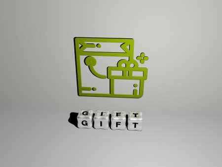 3D representation of GIFT with icon on the wall and text arranged by metallic cubic letters on a...