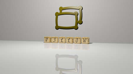 3D graphical image of pillow vertically along with text built by metallic cubic letters from the top...