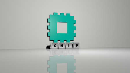 3D representation of chip with icon on the wall and text arranged by metallic cubic letters on a mirror floor for concept meaning and slideshow presentation. background and illustrationの写真素材