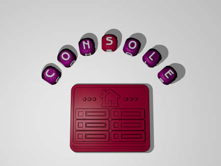 3D representation of console with icon on the wall and text arranged by metallic cubic letters on a...