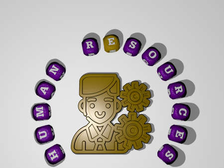 3D representation of human resources with icon on the wall and text arranged by metallic cubic...