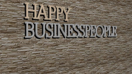 3D graphical image of HAPPY BUSINESSPEOPLE vertically along with text built by metallic cubic...
