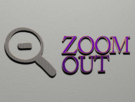 3D representation of ZOOM OUT with icon on the wall and text arranged by metallic cubic letters on a...