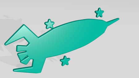 ROCKET stand with shadow. 3D illustration of metallic sculpture over a white background with mild texture. space and conceptの写真素材