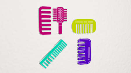 comb from a perspective on the wall. A thick sculpture made of metallic materials of 3D rendering....