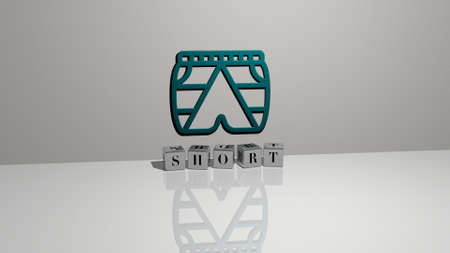 SHORT text of cubic dice letters on the floor and 3D icon on the wall. 3D illustration. background and hairの写真素材