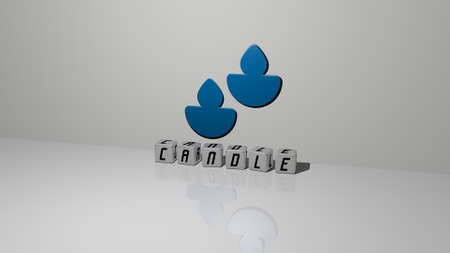 candle text of cubic dice letters on the floor and 3D icon on the wall. 3D illustration. background and celebrationの写真素材
