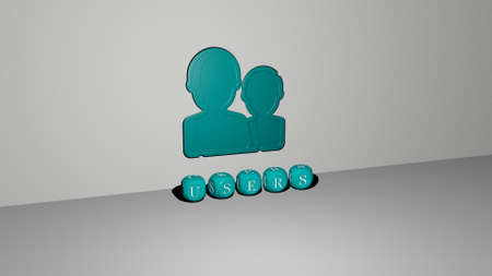 USERS 3D icon on the wall and text of cubic alphabets on the floor. 3D illustration. business and...