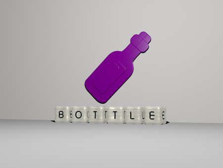 bottle 3D icon on the wall and cubic letters on the floor. 3D illustration. background and glassの写真素材